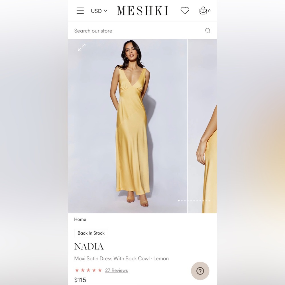 Size M - Meshki Nadia Maxi Satin Dress with Back Cowl - Lemon